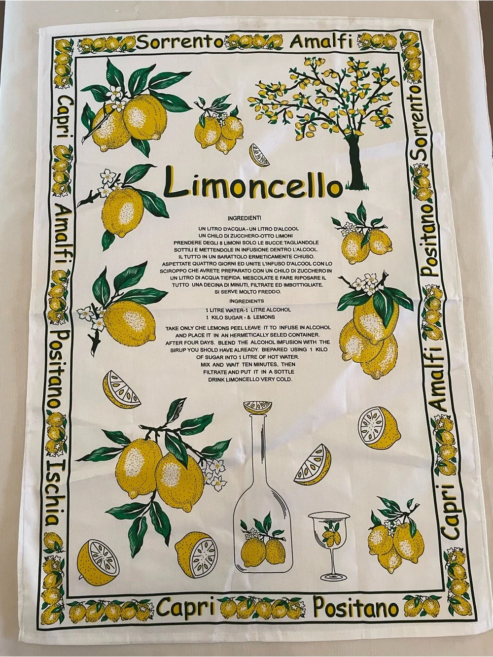 Italian Limoncello Lemon Print Kitchen Tea Towel - White & Yellow